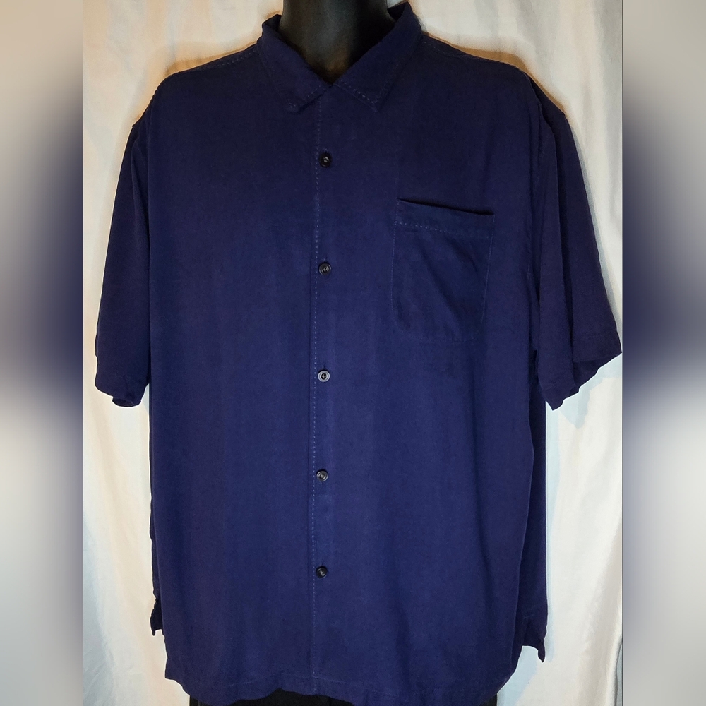 Vintage Men's Tommy Bahama 100% Silk Short Sleeve Button Down Shirt Blue XL